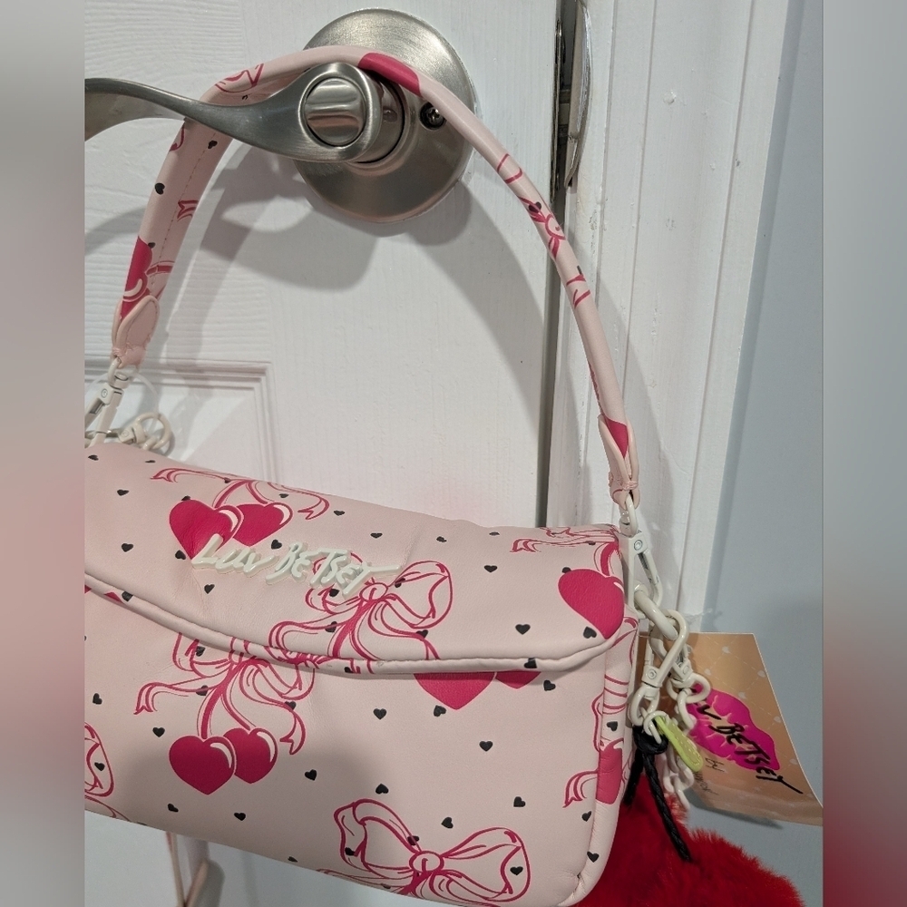 NWT Luv Betsey Pink Bow Cherries Black Hearts Crossbody Purse W/ Cherry Pompoms - Picture 3 of 10